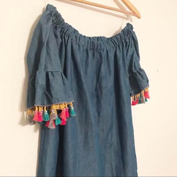 See You Monday off shoulder Pom Pom chambray SZ Small - Picture 2 of 5